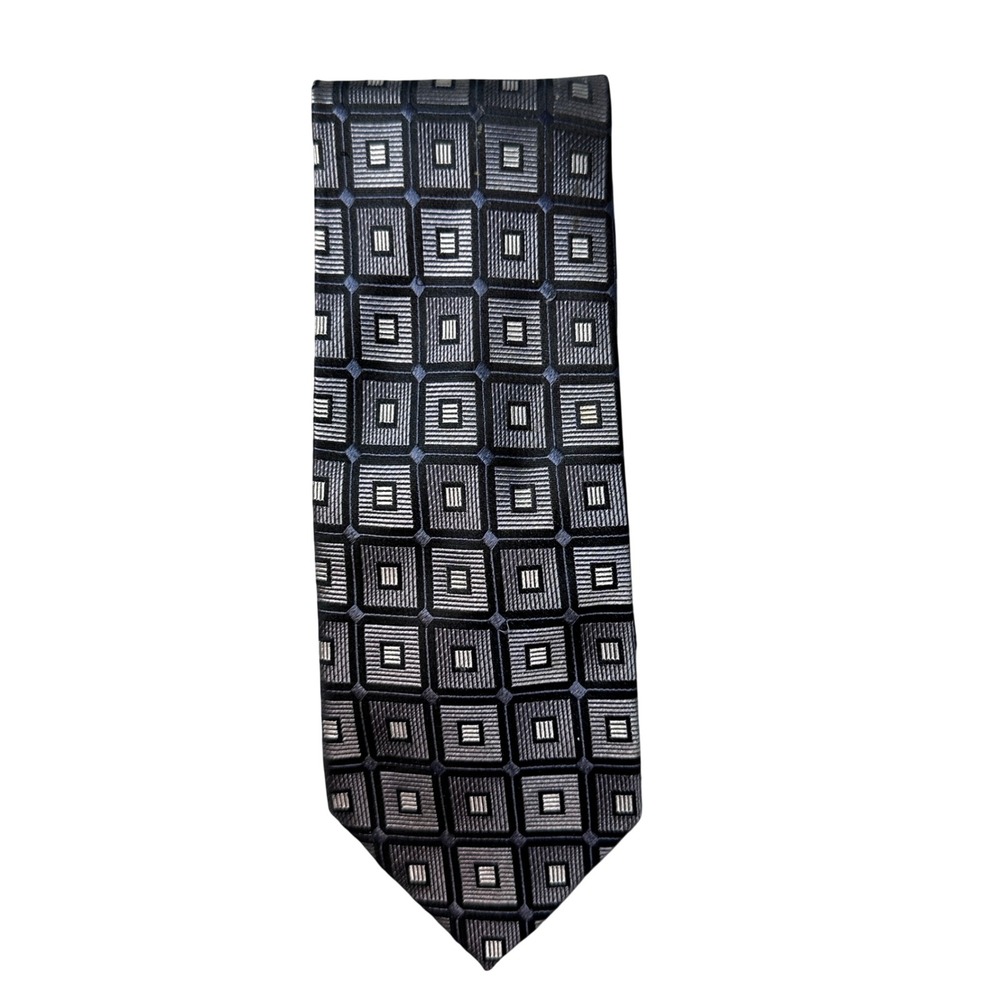 Pierre‎ Cardin Necktie Mens One Size Black Grey Geometric Square 100% Silk Tie